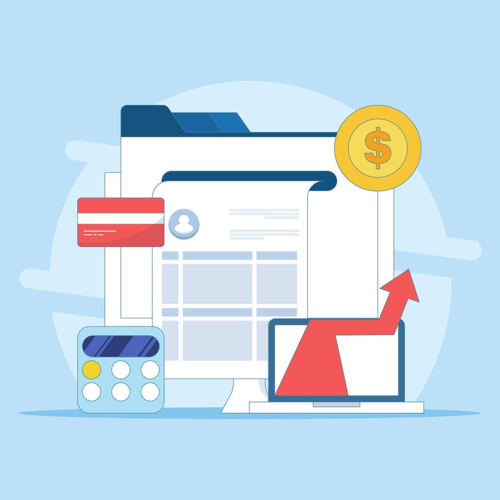 Concept of online accounting software, Digital accounting, Wealth management, Tax calculation, Financial growth, Banking reports. illustration on Background vector