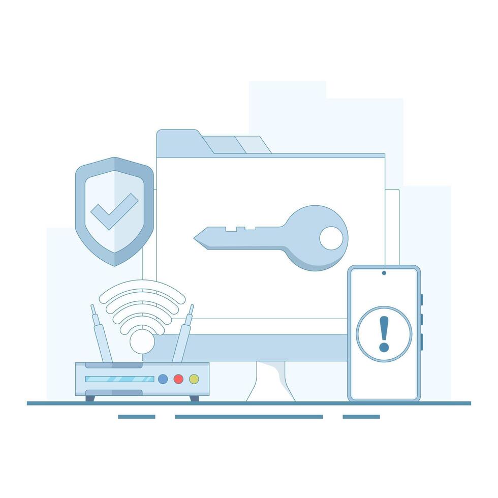 The concept is data security access, internet security, data protection, business data protection, and internet cyber security. safe and secure technology. flat cartoon design illustration. vector