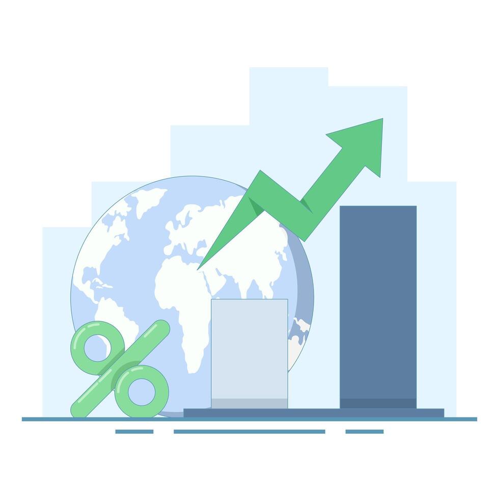 Global Economic Growth Concept. Earth and Coin Growth Chart. Economic growth chart increasing. Arrow chart and business growth chart. Flat Design Illustration in the background. vector