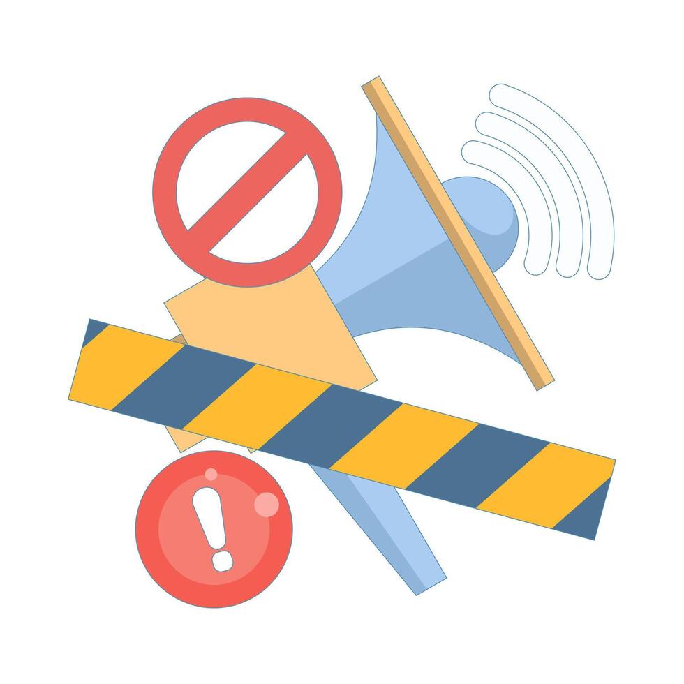 warning concept with blocked Megaphone, notification, danger, prohibition of loud noise, announcement, or voice amplification. flat illustration in the background. vector