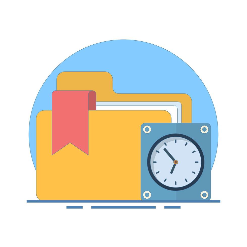 Project Management Concept. Folder with Clock. data management, folder, project goals, Project Management and time symbol, management, process. Flat Design Illustration on Background. vector