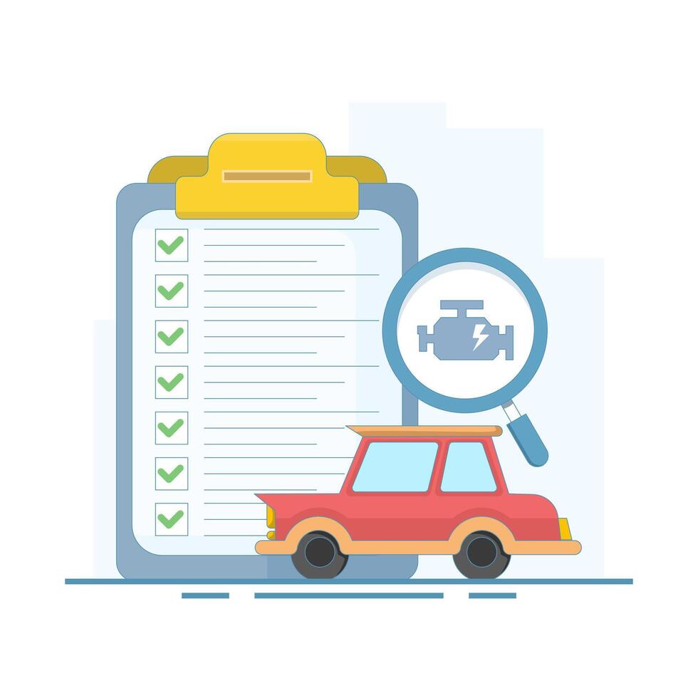 Car health check process concept. Perfect for automotive service, vehicle diagnostics, car maintenance and checkup related concepts. Flat design illustration. vector