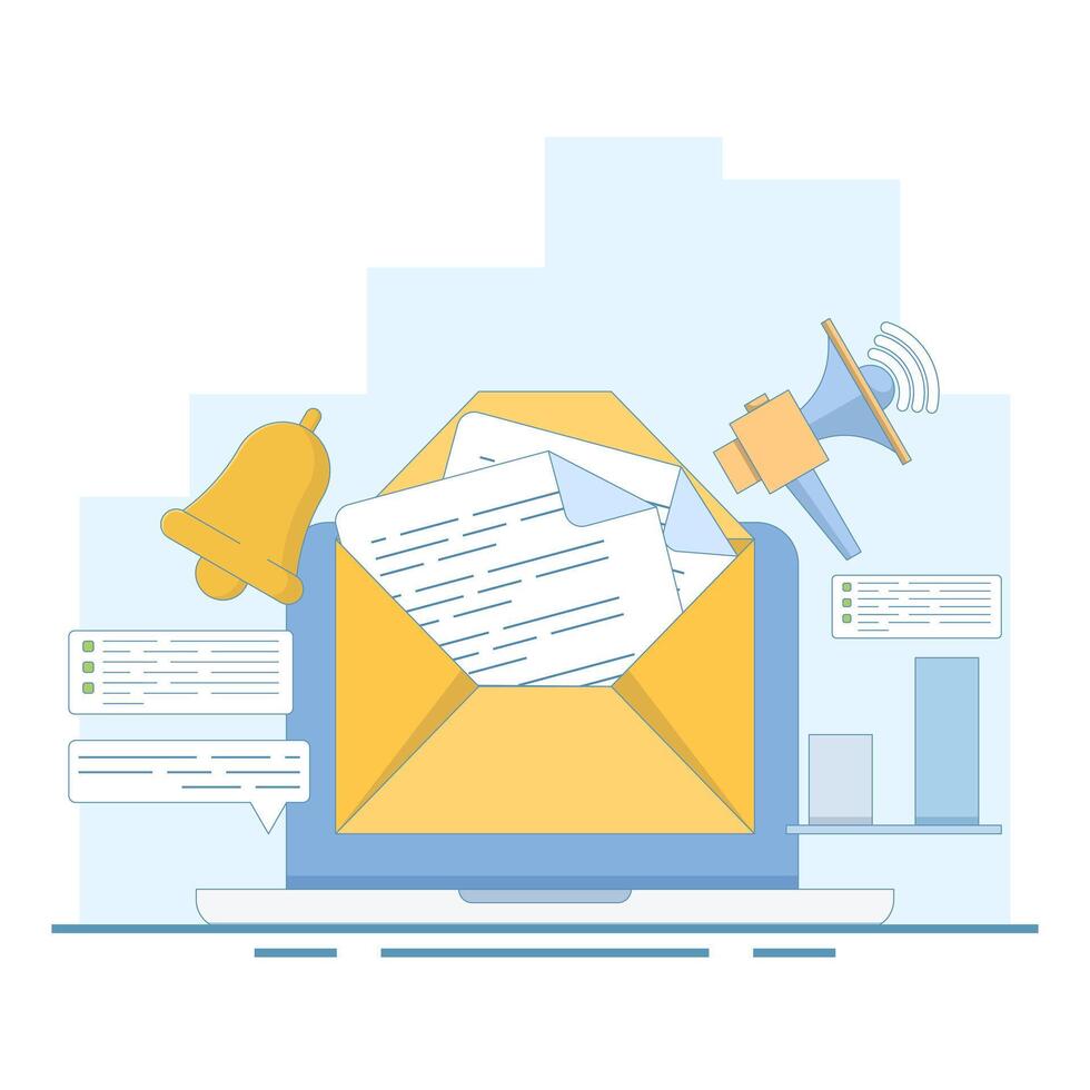 Online Marketing and Business Concept Send Message. Subscribe to Newsletter. Open Envelope with Megaphone and Letter. Email Marketing with Notification. Design Illustration vector