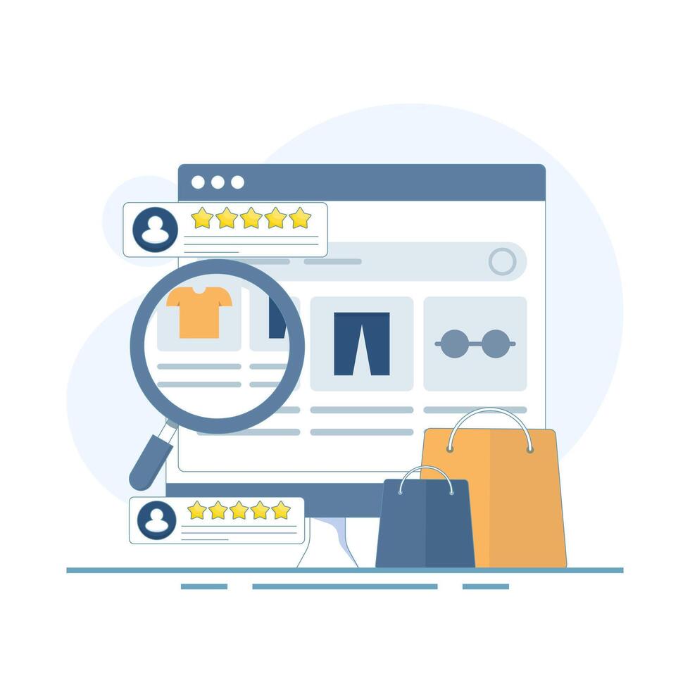 eCommerce website concept, Customer experience of shopping website, Add to cart concept, Customers share product ratings. flat design illustration on background. vector
