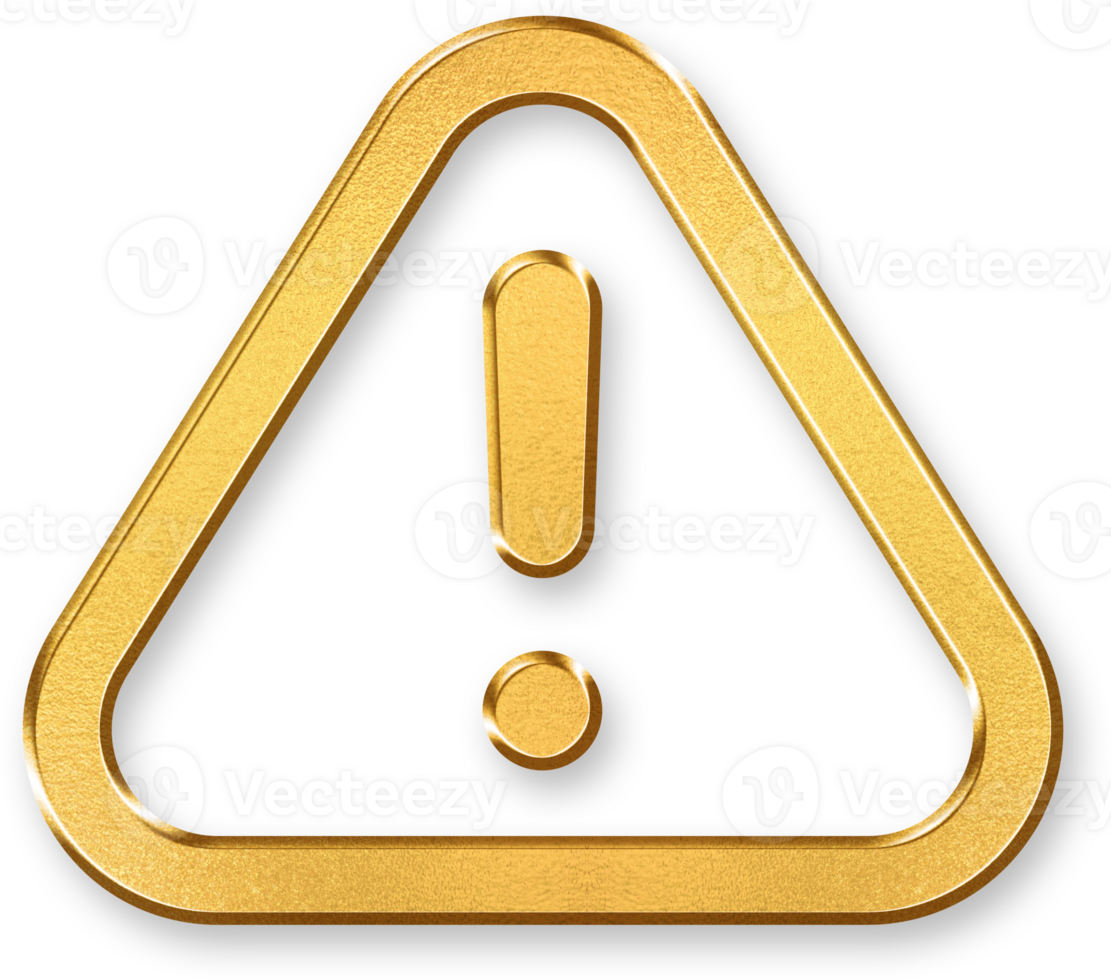 Gold Warning Icon 3D Glossy Golden Triangle Exclamation Symbol with Metallic Shine and Shadowed Style for Caution Signs, Alerts, Hazards, and Safety Notice in Digital or Physical Contexts png