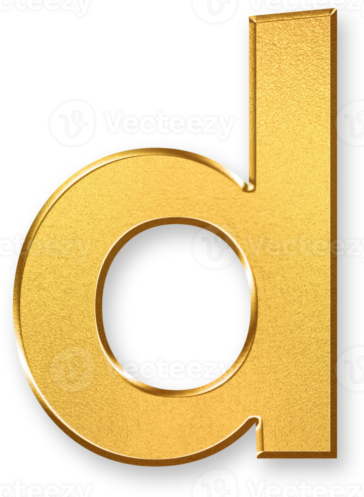 Gold Letter d Icon 3D Glossy Golden Lowercase d Symbol with Metallic Shine and Shadowed Style for Typography, School Design Projects, Educational Graphics, and Branding Applications png