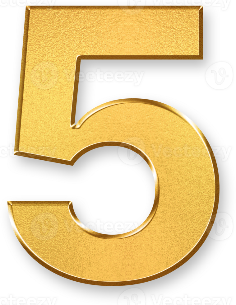 Gold Number Five 5 Icon 3D Glossy Golden Digit 5 Symbol with Metallic Shine and Shadowed Style for Rankings, Star Ratings, Process Flows, Step Indicators, and Ordered Lists png