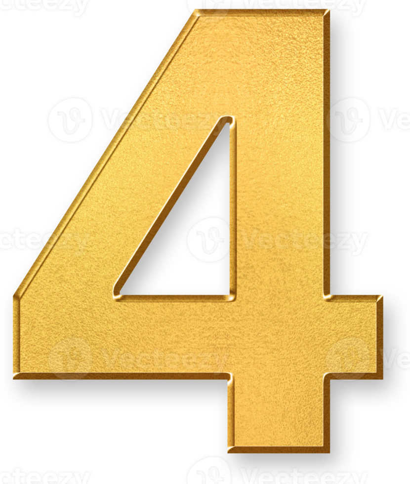 Gold Number Four 4 Icon 3D Glossy Golden Digit 4 Symbol with Metallic Shine and Shadowed Style for Item Listings, Process Stages, Task Steps, and Digital Numbering Systems png