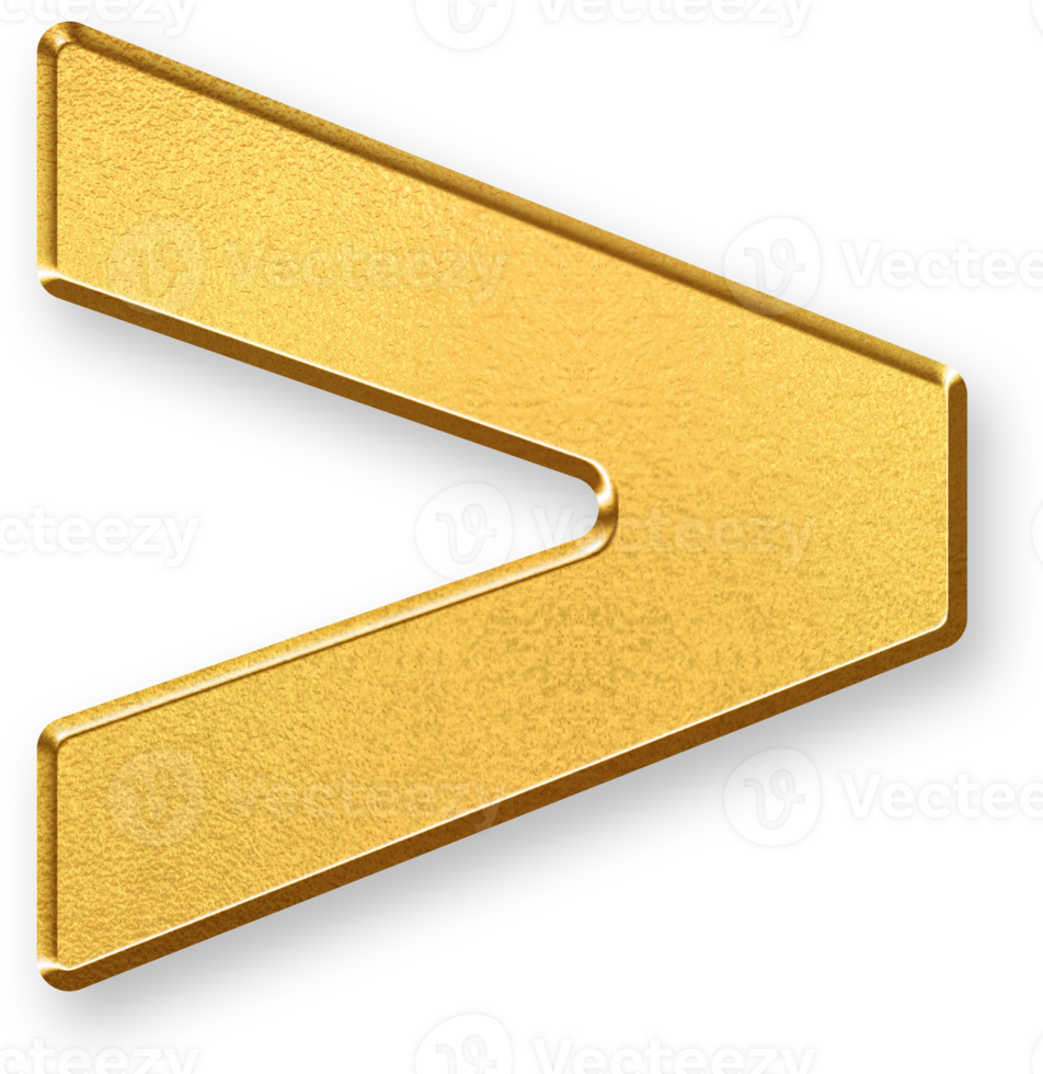 Gold Greater Than Sign Icon 3D Glossy Golden Symbol with Metallic Shine and Shadowed Style for Mathematical Operations, Logic Expressions, and Programming Based Comparison Functions png