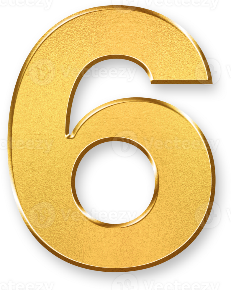 Gold Number Six 6 Icon 3D Glossy Golden Digit 6 Symbol with Metallic Shine and Shadowed Style for Categorized Listings, Ranked Items, Progress Steps, and Structured Digital Content png