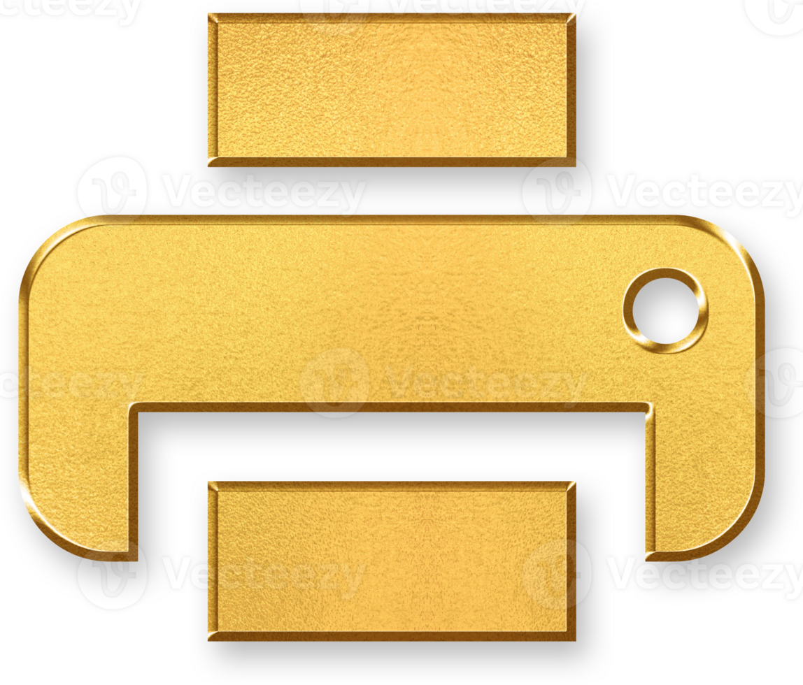 Gold Printer Icon 3D Glossy Golden Printer Symbol with Metallic Shine and Shadowed Style for Office Equipment, Document Output, Scanning, and Printing System Functions png