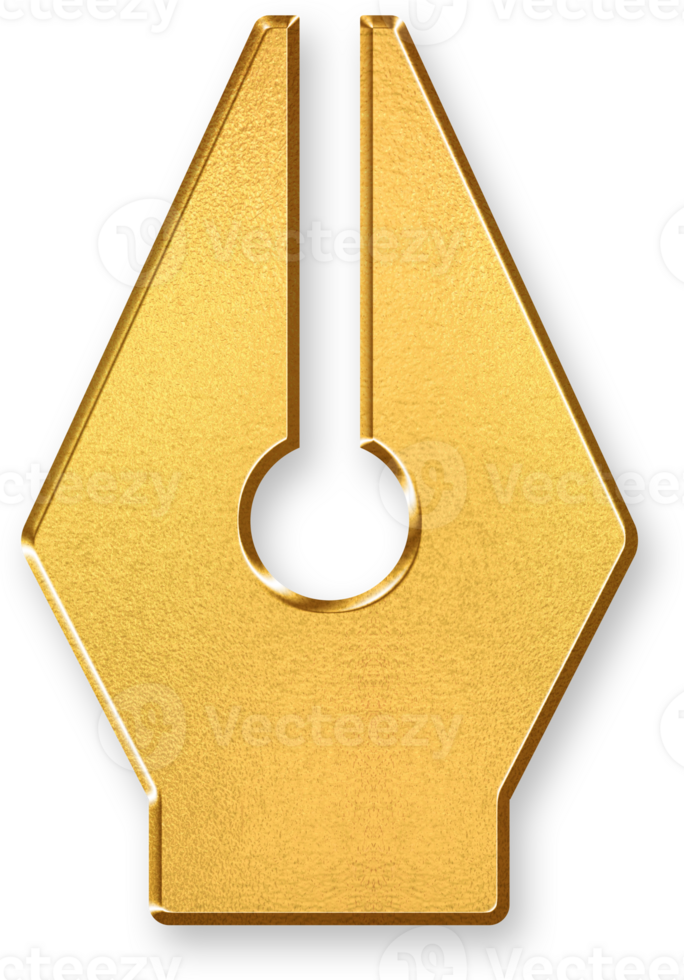 Gold Pen Nib Icon 3D Glossy Golden Calligraphy Tip Symbol with Metallic Shine and Shadowed Style for Writing Tools, Design Signatures, Digital Drawing, and Branding Elements png