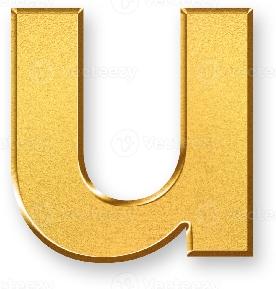 Gold Letter u Icon 3D Glossy Golden Lowercase u Symbol with Metallic Shine and Shadowed Style for Typography, Education Lettering, Branding Content, and Alphabetical Visual Projects png