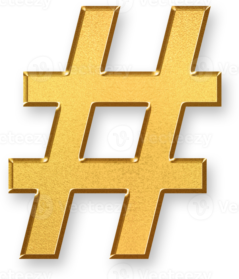 Gold Number Sign Icon 3D Glossy Golden Hashtag Symbol with Metallic Shine and Shadowed Style for Social Media Tags, Content Categories, Trend Topics, and Digital Labeling Systems png