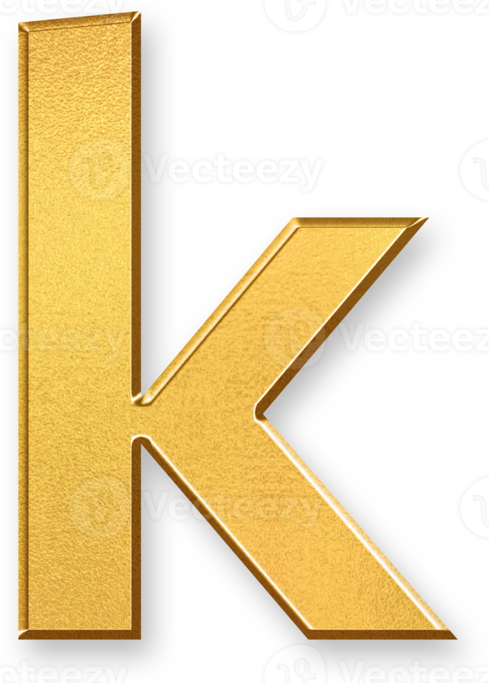 Gold Letter k Icon 3D Glossy Golden Lowercase k Symbol with Metallic Shine and Shadowed Style for Educational Typography, Visual Branding, Alphabet Design, and Learning Materials png
