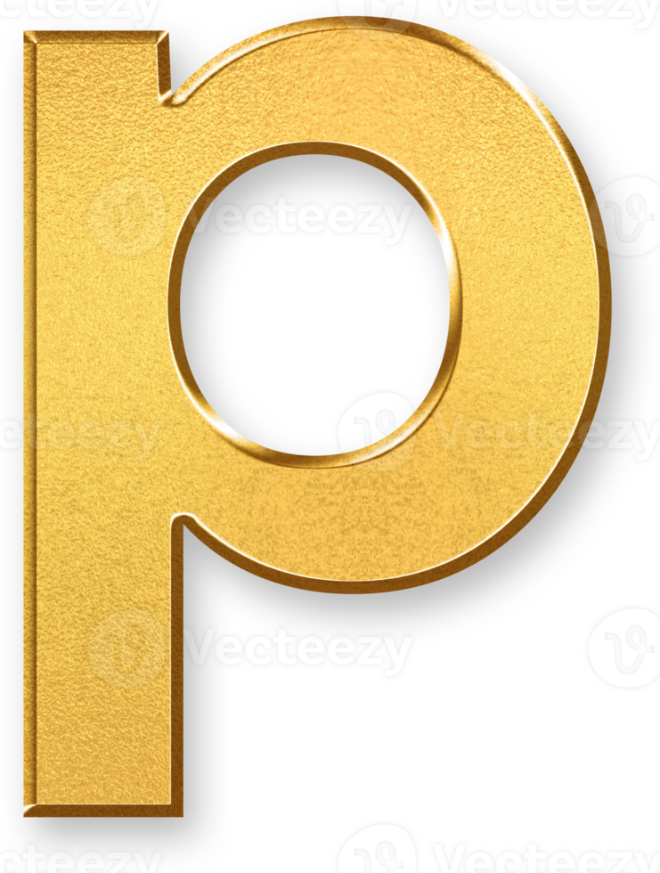 Gold Letter p Icon 3D Glossy Golden Lowercase p Symbol with Metallic Shine and Shadowed Style for Typography, Monogram Branding, Classroom Fonts, and Alphabet Based Graphic Applications png