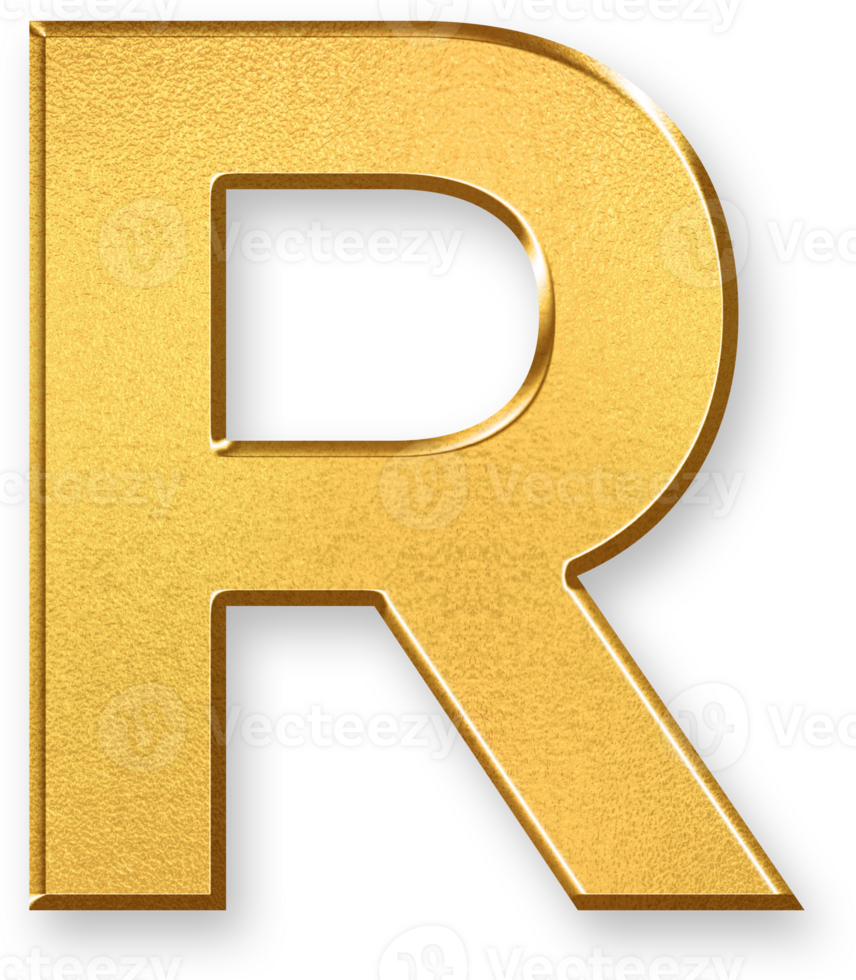 Gold Letter R Icon 3D Glossy Golden Uppercase R Symbol with Metallic Shine and Shadowed Style for Typography, School Materials, Corporate Branding, and Alphabet Based Design Systems png