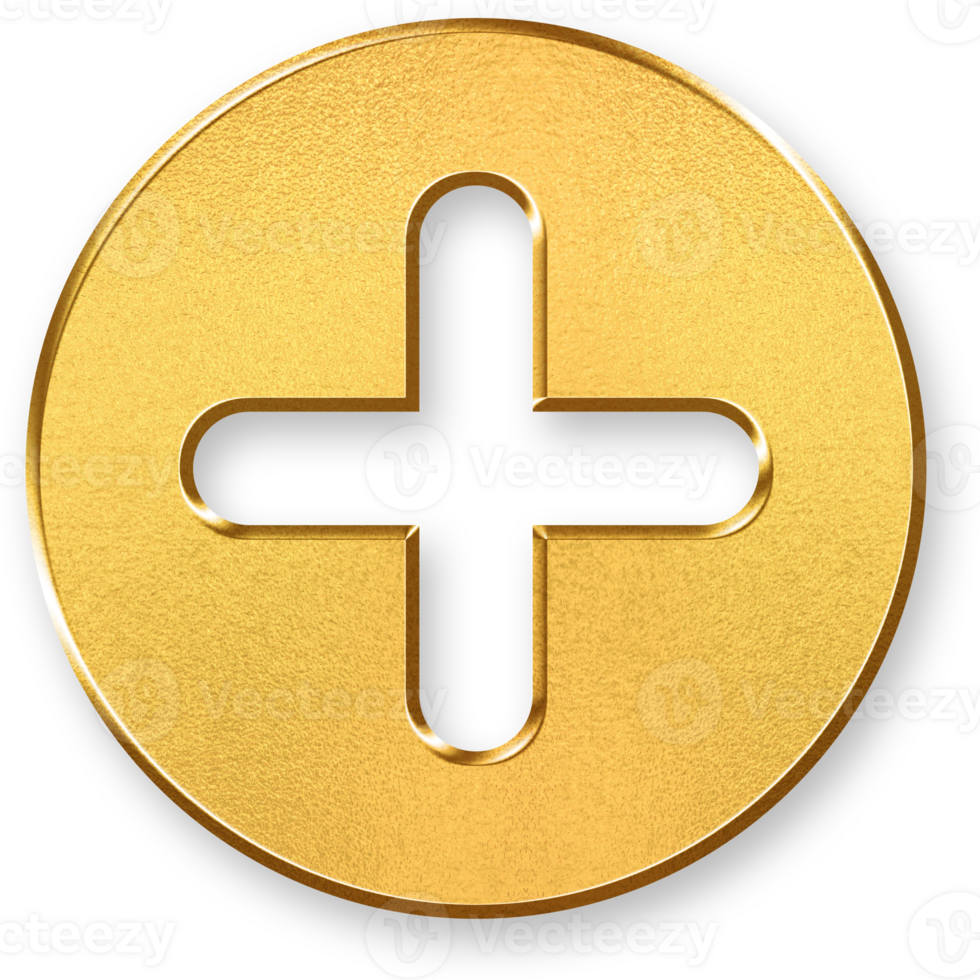 Gold Plus Icon 3D Glossy Golden Plus Sign Symbol with Metallic Shine and Shadowed Style for Adding, Increasing, Expansion, and Mathematical or Functional Design Concepts png