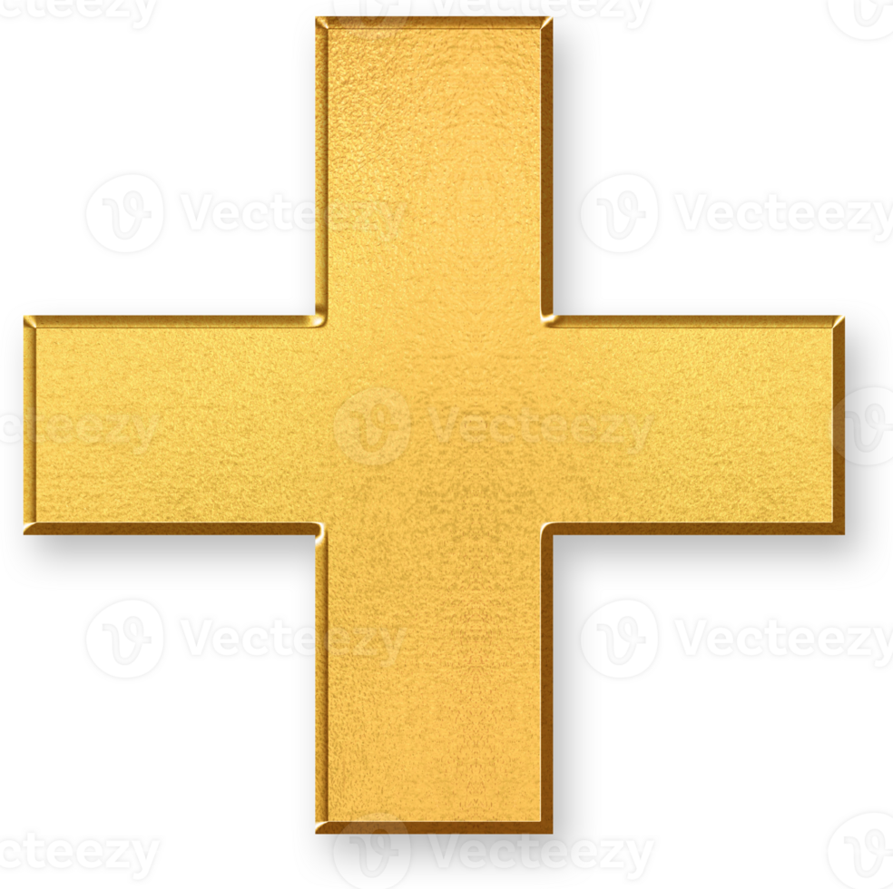 Gold Plus Sign Icon 3D Glossy Golden Symbol with Metallic Shine and Shadowed Style for Addition, Positive Value, Increases, List Expansion, and Mathematical or Interactive Elements png