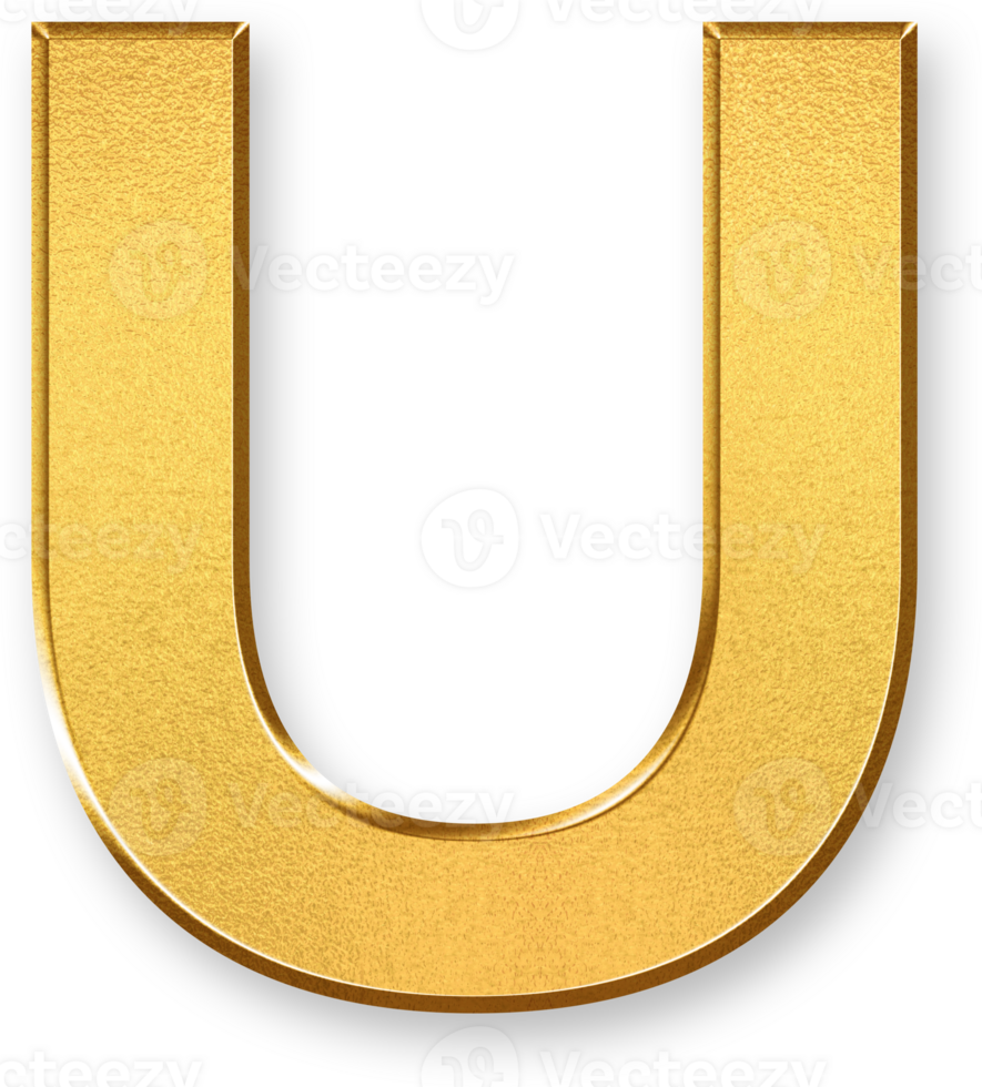 Gold Letter U Icon 3D Glossy Golden Uppercase U Symbol with Metallic Shine and Shadowed Style for Alphabet Typography, Monogram Design, School Visuals, and Stylish Graphic Identity png