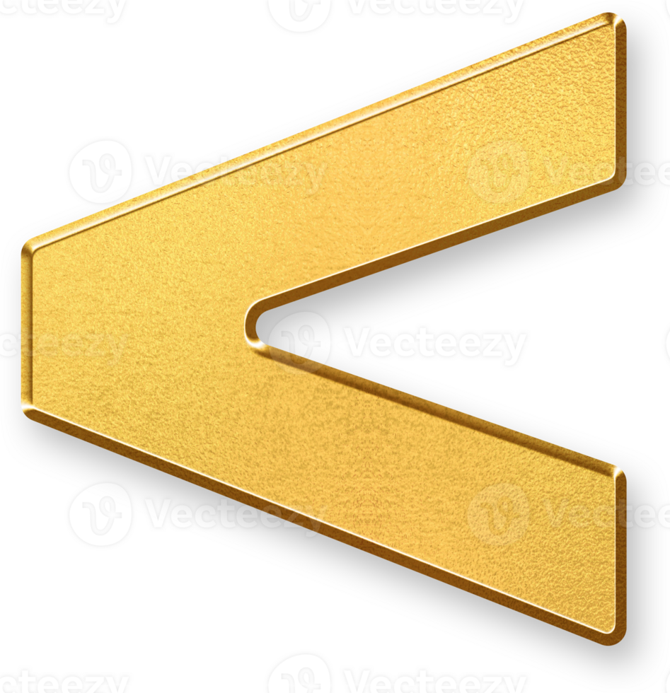 Gold Less Than Sign Icon 3D Glossy Golden Symbol with Metallic Shine and Shadowed Style for Mathematical Comparisons, Logic Operators, and Programming Condition Expressions png