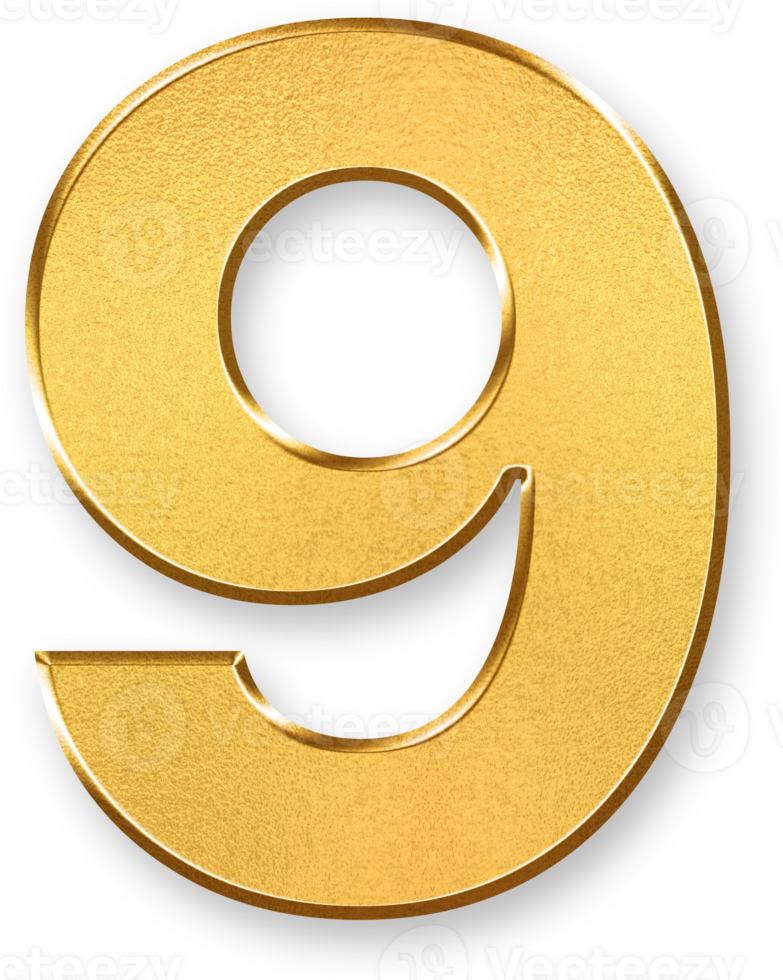 Gold Number Nine 9 Icon 3D Glossy Golden Digit 9 Symbol with Metallic Shine and Shadowed Style for Final Steps, Ranked Listings, Top Nine Highlights, and Step by Step Digital Processes png