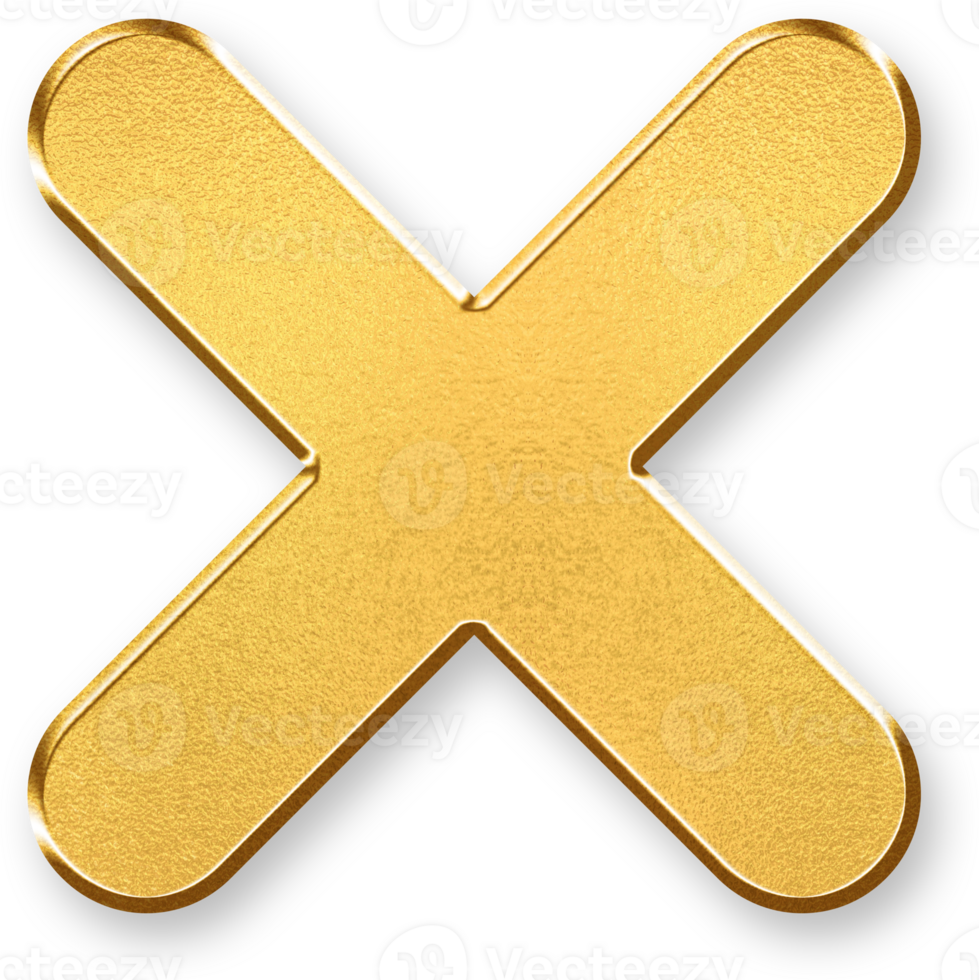 Gold Cancel Icon 3D Glossy Golden Cross Symbol with Metallic Shine and Shadowed Style for Error Messages, Close Actions, Stop Signs, and Task Termination Interfaces png
