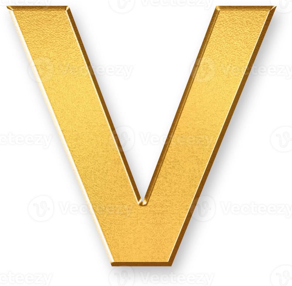 Gold Letter V Icon 3D Glossy Golden Uppercase V Symbol with Metallic Shine and Shadowed Style for Typography, Brand Monograms, Educational Graphics, and Stylish Alphabetic Compositions png