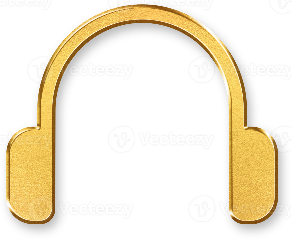 Gold Headphones Icon 3D Glossy Golden Audio Headset Symbol with Metallic Shine and Shadowed Style for Music Listening, Sound Equipment, Podcast Streaming, and Digital Audio Platforms png