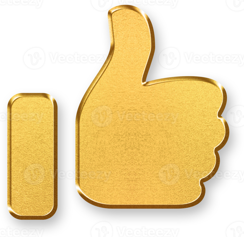 Gold Like Reaction Icon 3D Glossy Golden Thumbs Up Symbol with Metallic Shine and Shadowed Style for Social Approval, Positive Feedback, Support Actions, and Engagement Indicators png