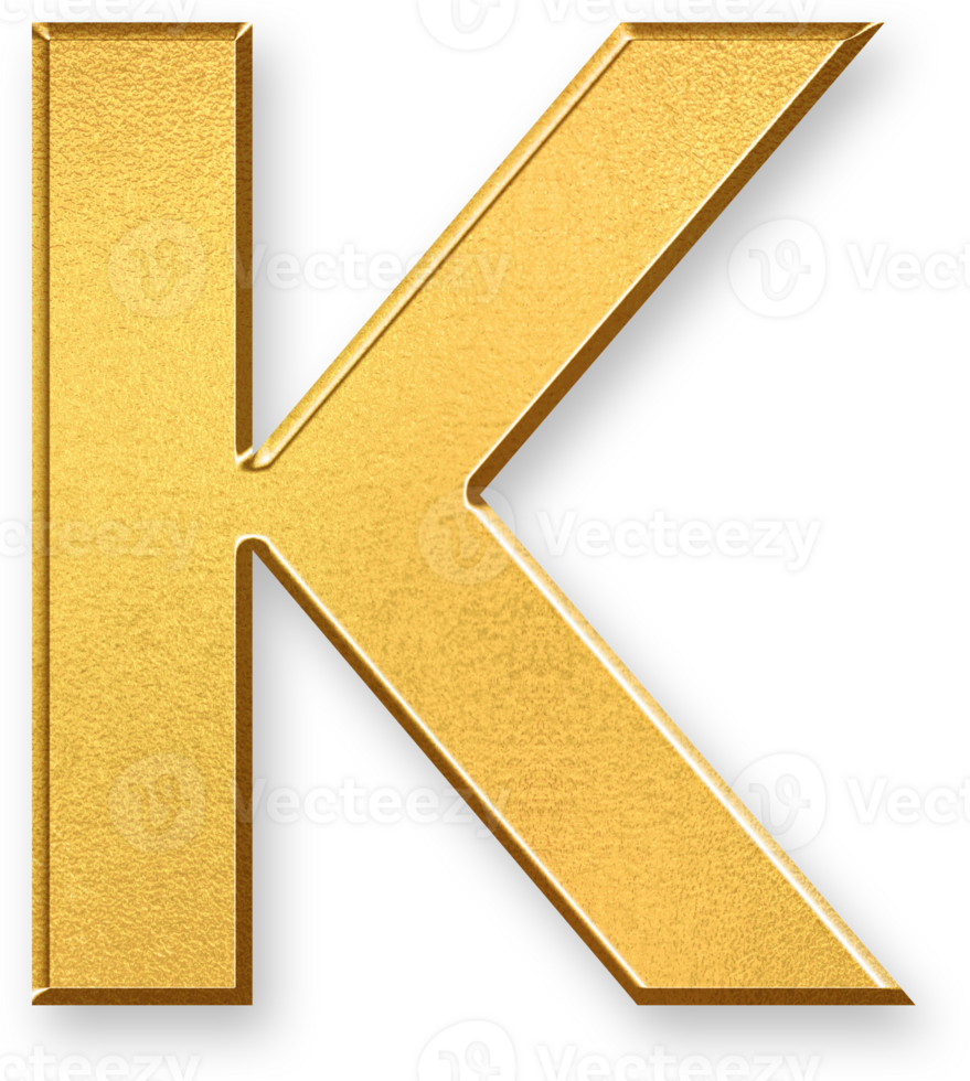 Gold Letter K Icon 3D Glossy Golden Uppercase K Symbol with Metallic Shine and Shadowed Style for Text Composition, Educational Typography, Visual Branding, and Alphabet Based Graphics png