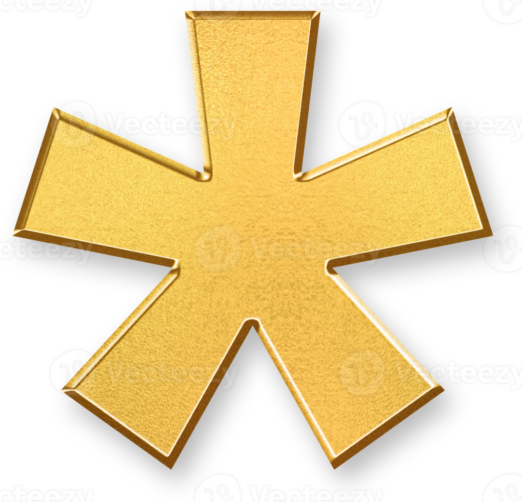 Gold Asterisk Icon 3D Glossy Golden Symbol with Metallic Shine and Shadowed Style for Annotations, Notes, Data Points, Emphasis Marks, and Informational Footnotes png