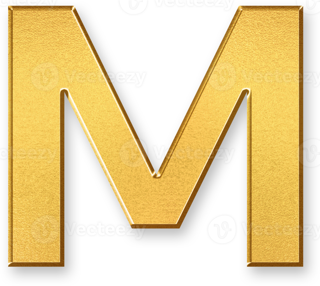 Gold Letter M Icon 3D Glossy Golden Uppercase M Symbol with Metallic Shine and Shadowed Style for Typography, Monogram Branding, Visual Identity, and Educational Alphabet Projects png