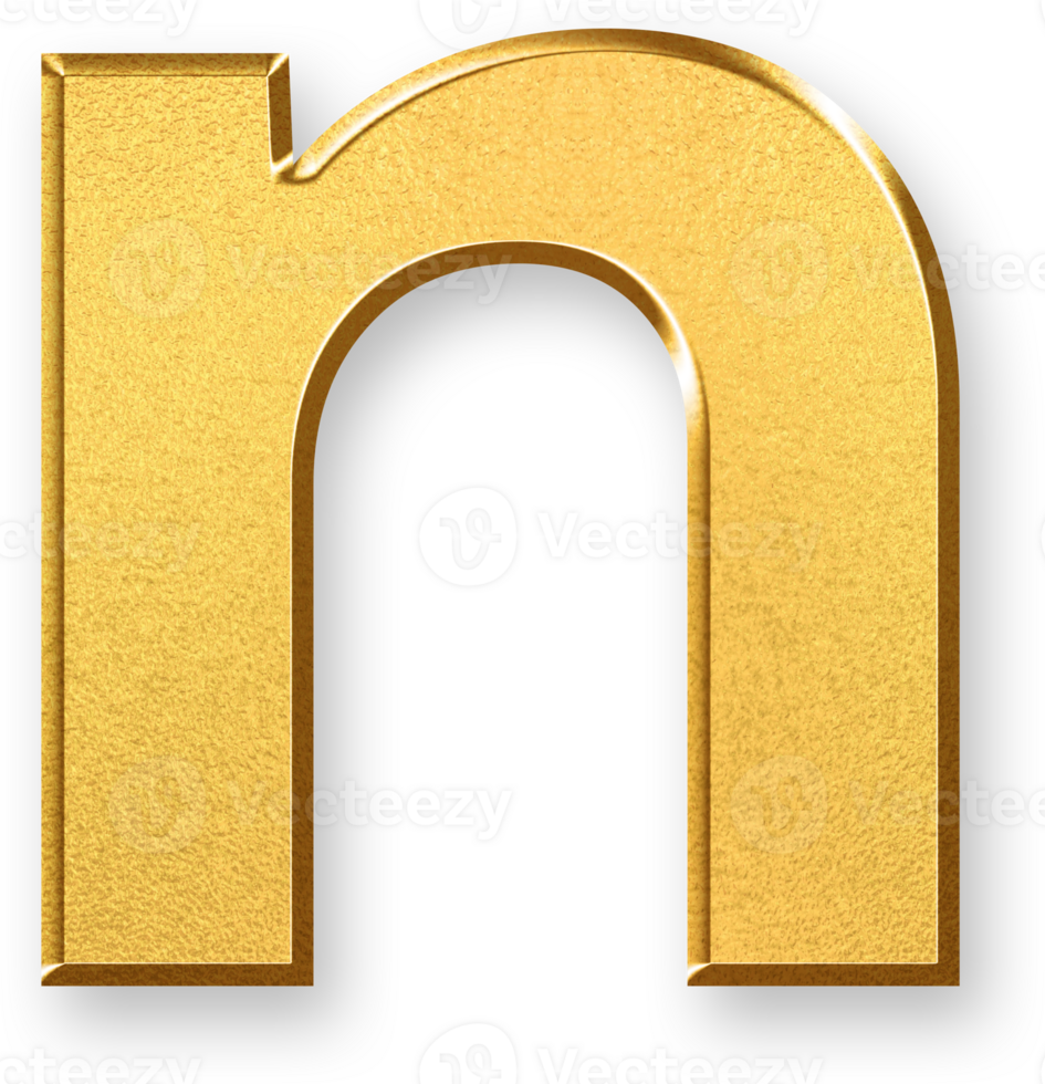 Gold Letter n Icon 3D Glossy Golden Lowercase n Symbol with Metallic Shine and Shadowed Style for Typography, Alphabet Graphics, Learning Tools, and Monogram or Branding Designs png
