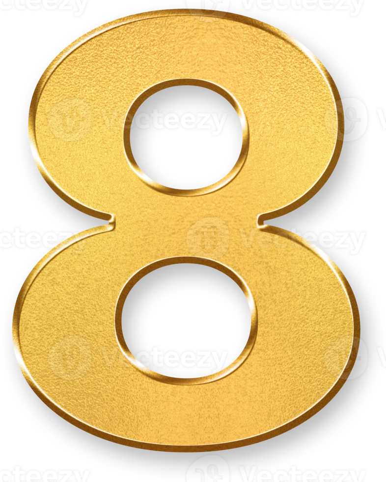 Gold Number Eight 8 Icon 3D Glossy Golden Digit 8 Symbol with Metallic Shine and Shadowed Style for Process Stages, Hierarchical Lists, Rankings, and Informational Organization png