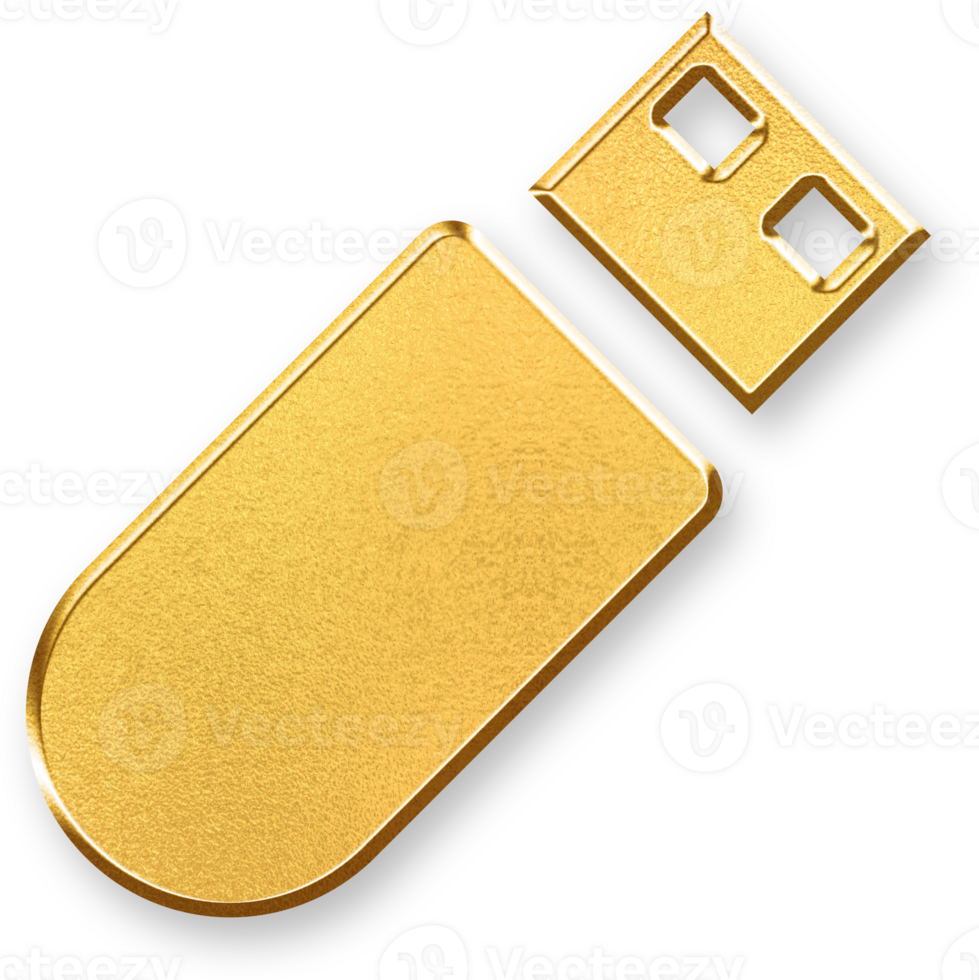 Gold USB Flash Drive Icon 3D Glossy Golden USB Stick Symbol with Metallic Shine and Shadowed Style for Data Storage, File Transfer, Backup, and Portable Digital Media Devices png