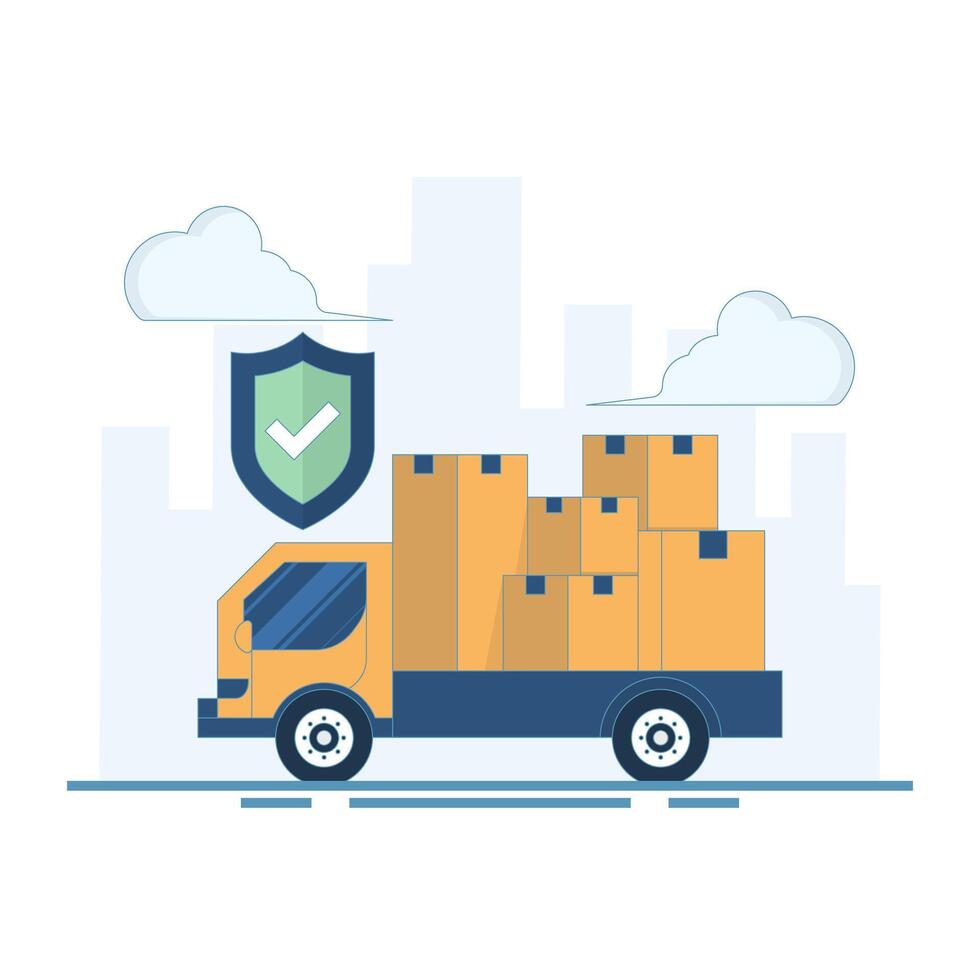 Safe Delivery Concept. Delivery Truck with Protector. Deliver parcel to destination correctly and on time. For logistics, e-commerce. on time and safe guarantee. Flat Design Illustration. vector