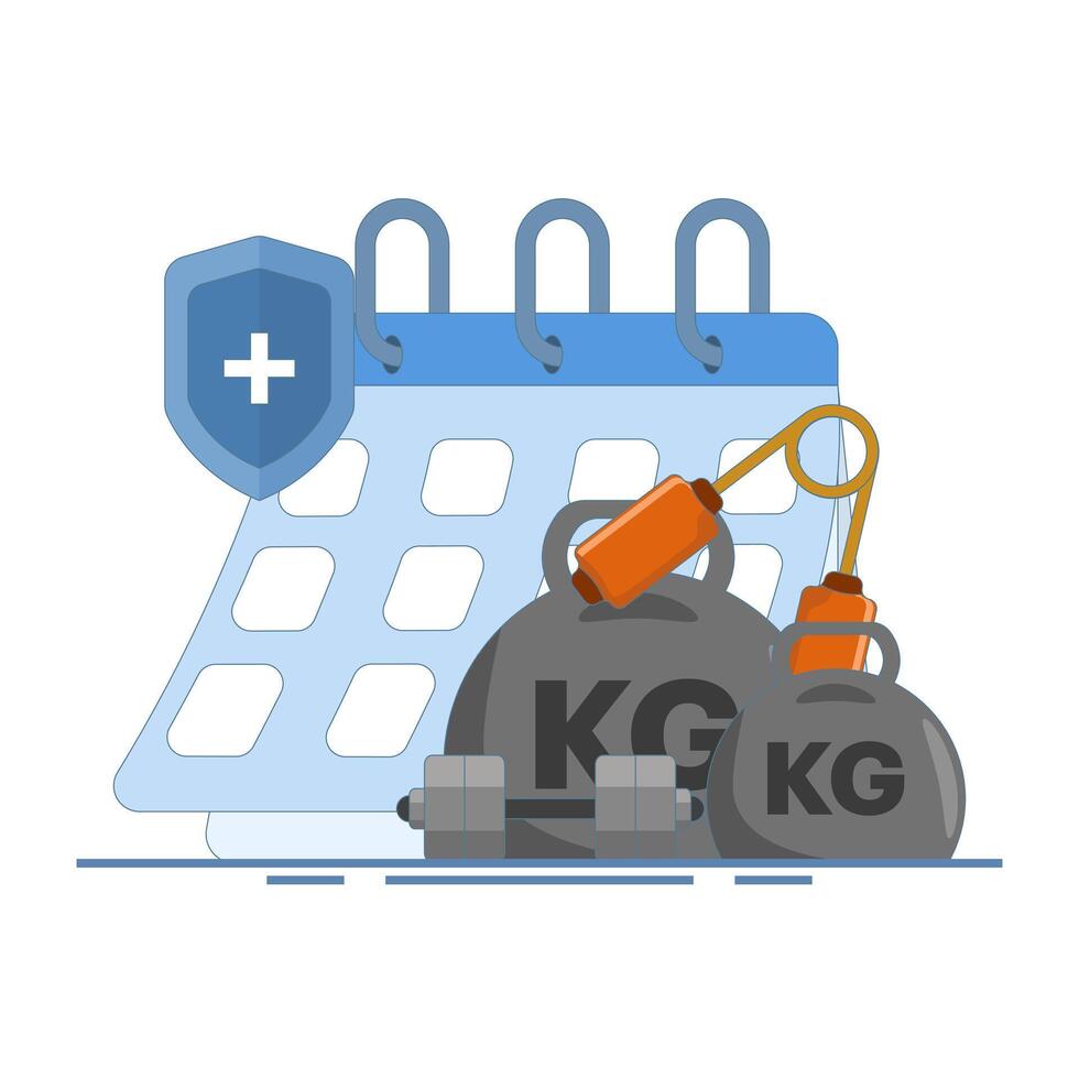 fitness schedule concept, barbell lifting and calendar. consistent for workout and weight lifting. gym agenda. consistency and lifestyle. flat style design illustration on background. vector