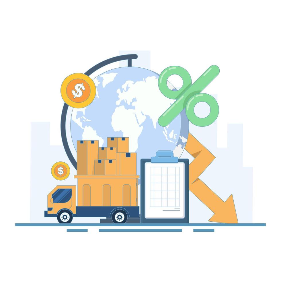 concept of reducing taxes and fees on import and export of goods. tariff report. trucks transporting products for export and import. tariff reduction and economy. flat style design illustration vector