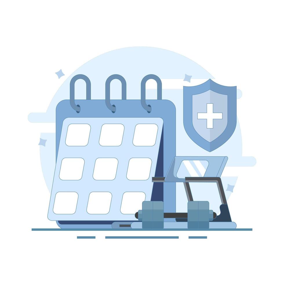 fitness schedule concept, barbell lifting and calendar. consistent for training and weight lifting. gym agenda. consistency and lifestyle. flat design illustration on background. vector