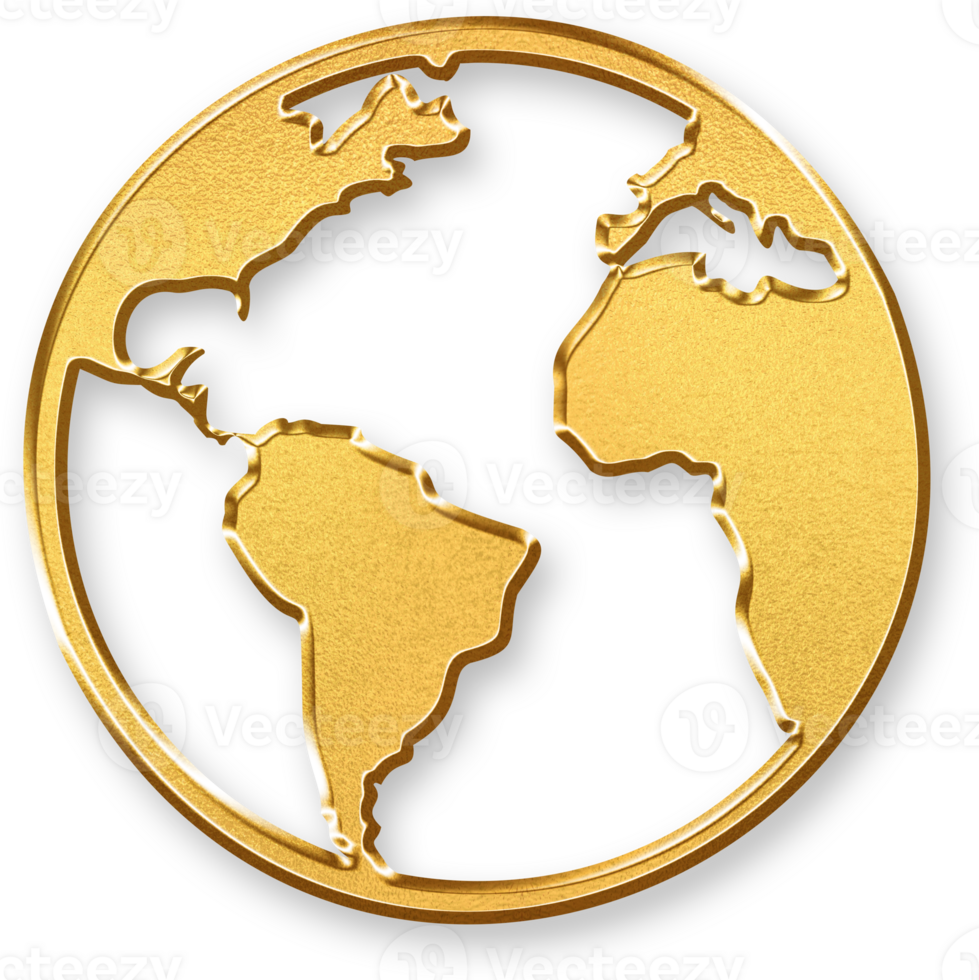 Gold Global Icon 3D Glossy Golden Globe Symbol with Metallic Shine and Shadowed Style for Worldwide Reach, International Connectivity, Online Presence, and Global Digital Communication png