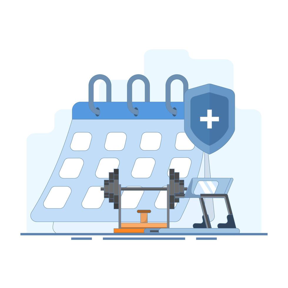 fitness schedule concept, barbell lifting and calendar. consistent for workout and weight lifting. gym agenda. consistency and lifestyle. flat style design illustration elements. vector