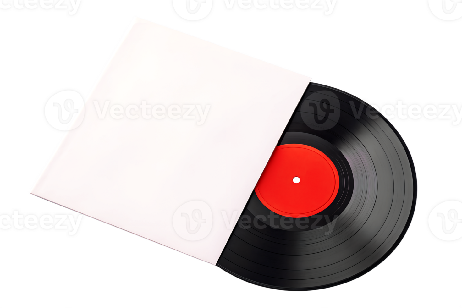 Blank Vinyl Record Sleeve and Black Vinyl LP with Red Label. Record in a white paper jacket png