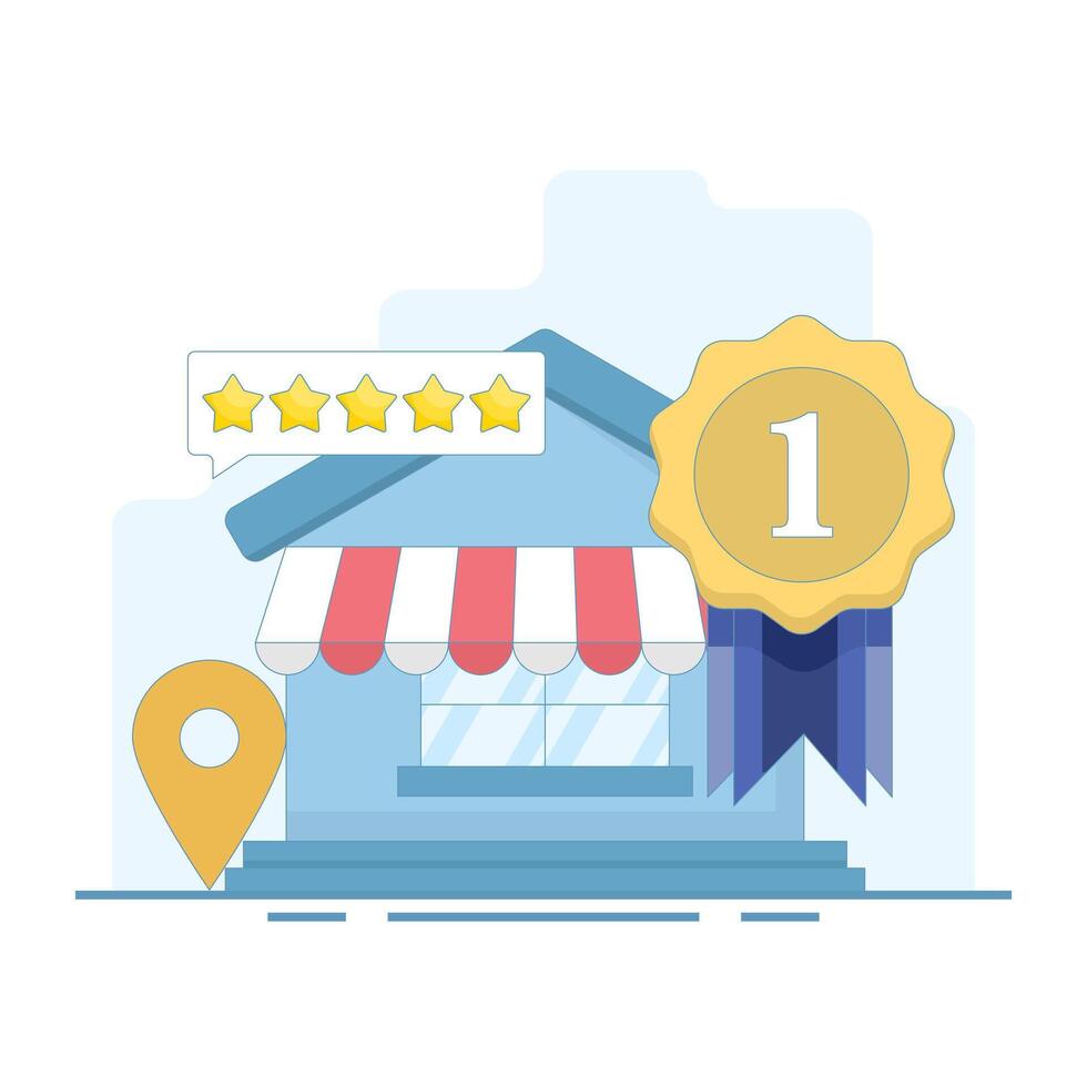 Top rated concept. Local business with top ratings and great customer reviews. Building a strong online reputation and trust and digital engagement. Flat cartoon design illustration in the background. vector