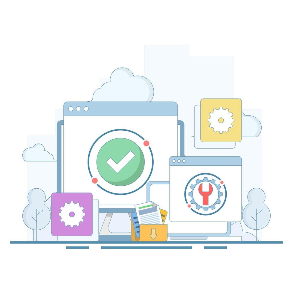 System maintenance concept, Software system is under maintenance, Fixing problems, Device update, Software update process on device, People updating operating system. Flat cartoon design illustration vector