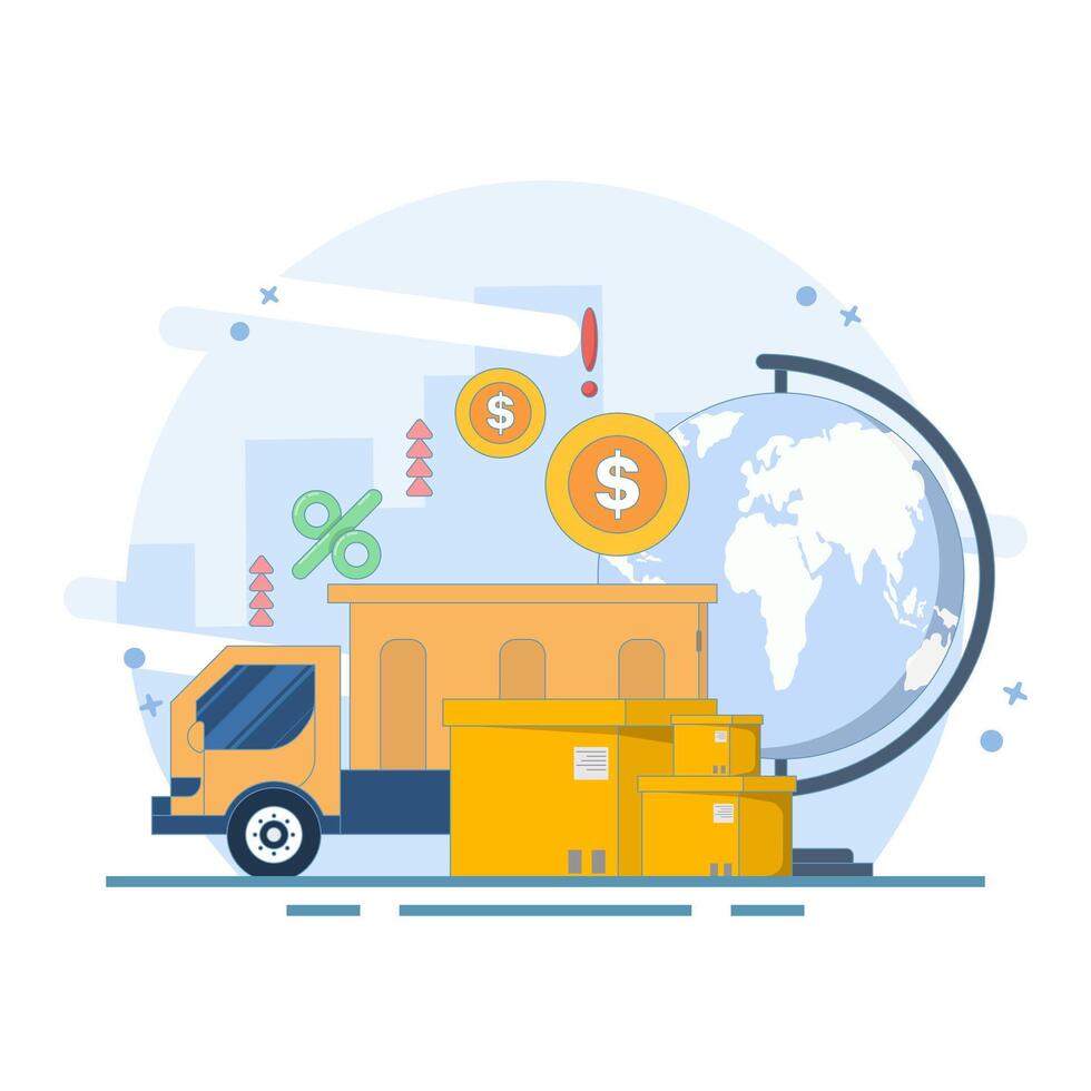 concept of import and export costs and taxes increasing or rising. increase and economy. trucks carrying products for export and import. flat design illustration on background. vector