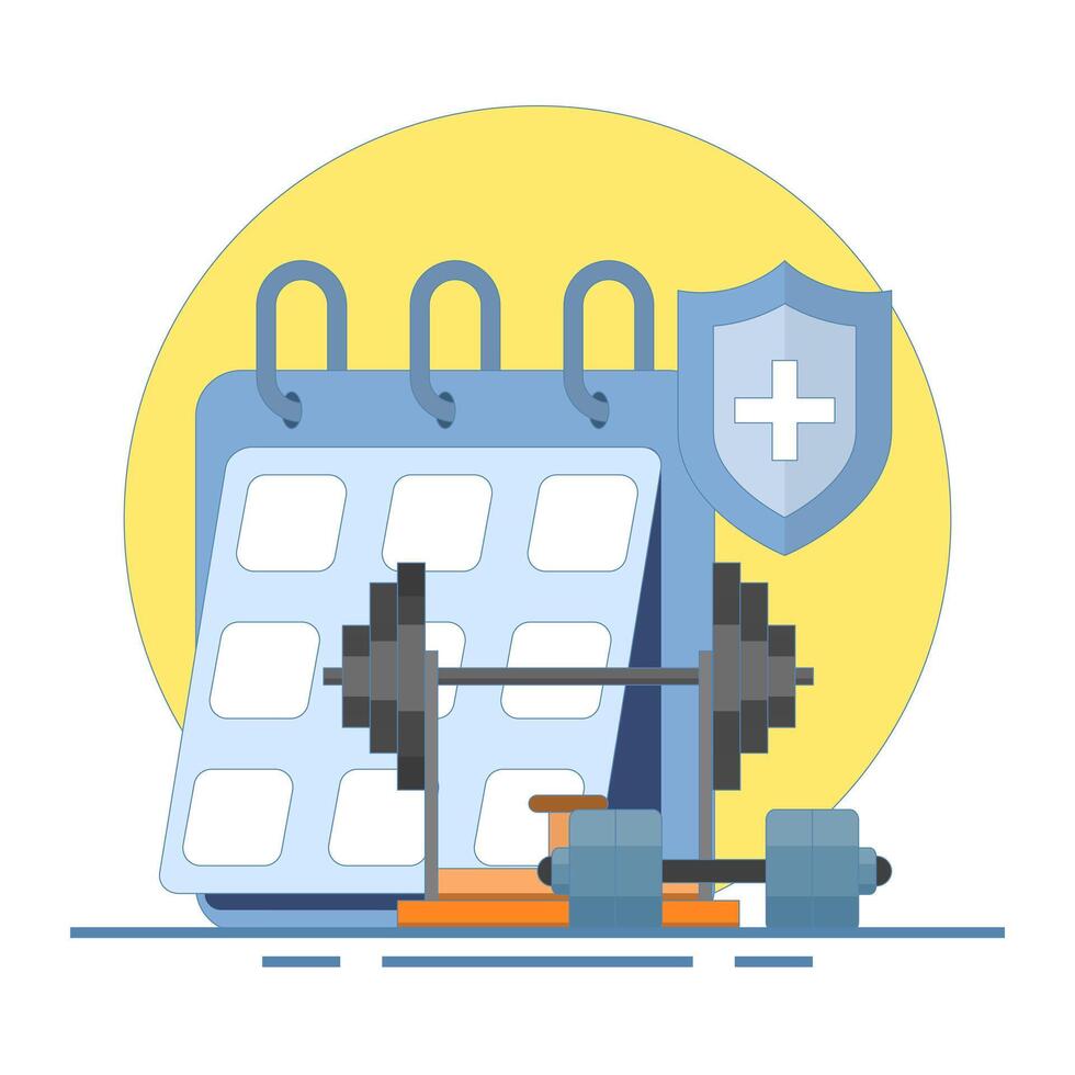 fitness schedule concept, barbell lifting and calendar. consistent for workout and weight lifting. gym agenda. consistency and lifestyle. flat cartoon design illustration on background. vector