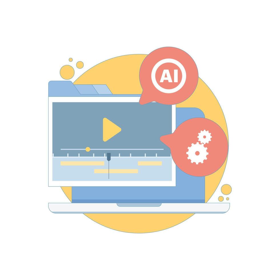 Automated AI editor concept. Clip maker for cutting footage, social media publishing, and AI-powered marketing automation. Smart editing interface and timeline. Flat design illustration. vector