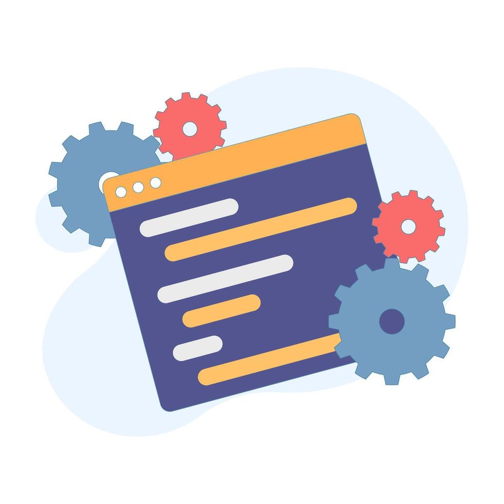 developer and programmer concept. programming software or application window with gears. creating program scripts, compiling programs. flat cartoon design illustration on background. vector
