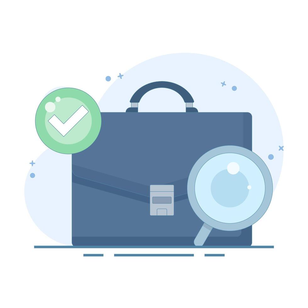 job search concept, job vacancy information. recruitment and hiring. looking for job info. briefcase with magnifying glass and check mark. Flat style design concept on background. vector